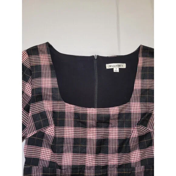 Plaid 90s Grunge Short Dress Womens Small Square Neck By Wild Honey Clueless - Picture 3 of 12